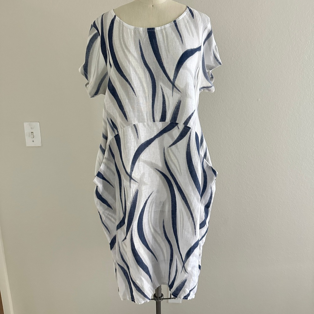 Lands Downunder Shift Dress L White Blue Abstract Linen Coastal Lagenlook Art